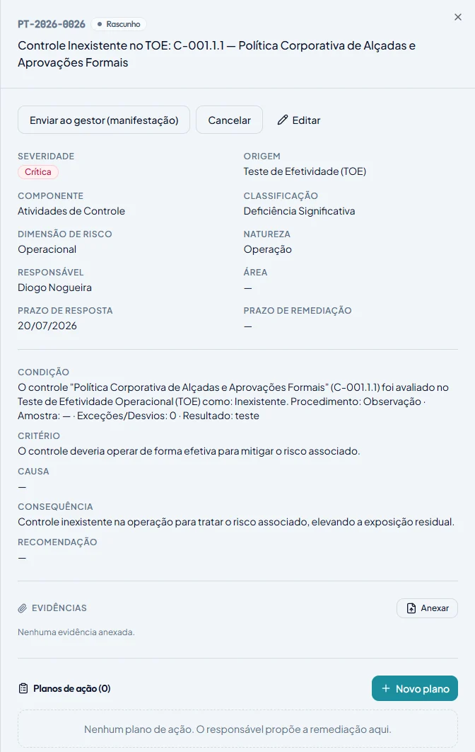 Tela real da UpRisk com o detalhe de um achado: severidade, origem no teste de efetividade, classificação, condição, critério, consequência, evidências e planos de ação.