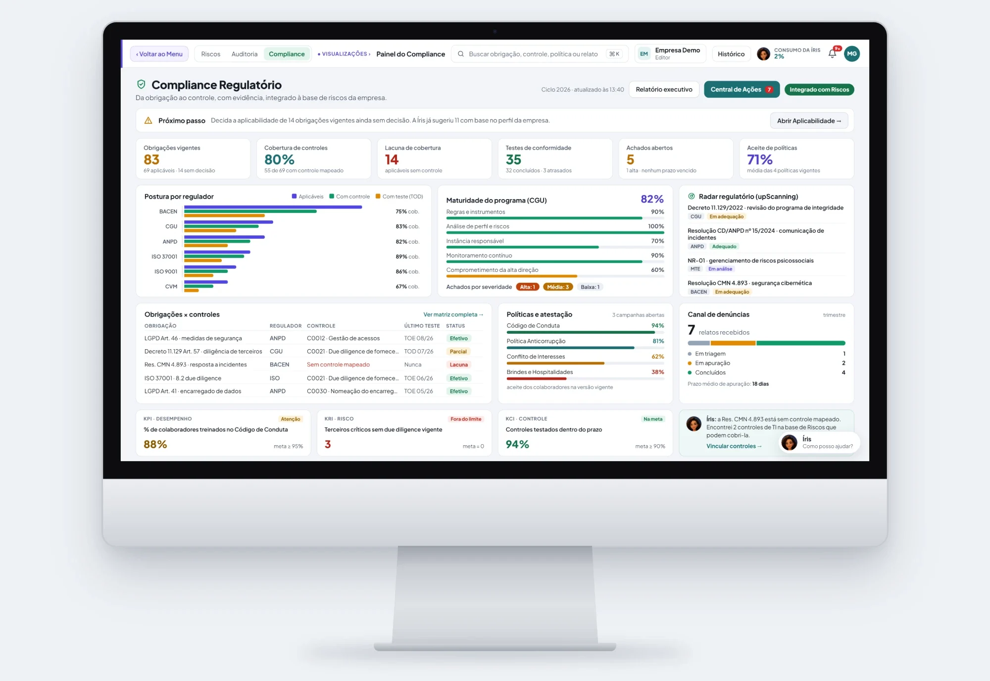 Monitor exibindo a tela real do Painel do Compliance da UpRisk: obrigações vigentes, cobertura de controles, lacunas, testes de conformidade, postura por regulador, maturidade do programa, matriz de obrigações e controles, aceite de políticas e canal de denúncias.